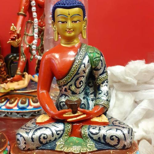 TÔN TƯỢNG ĐỨC A DI ĐÀ ĐỒNG VẼ MÀU NEPAL 21CM