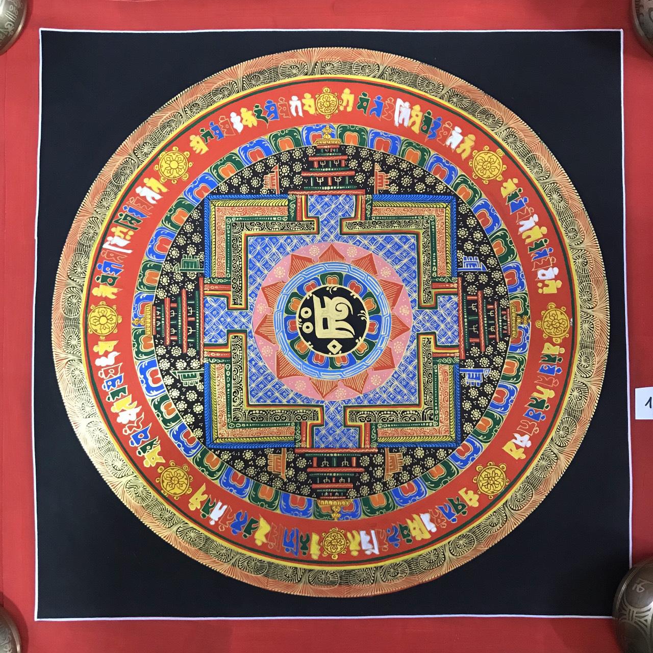 TRANH MANDALA KALCHAKRA VÀ OM MANI PEDME HUM VẼ TAY NEPAL 100% - 50x50cm