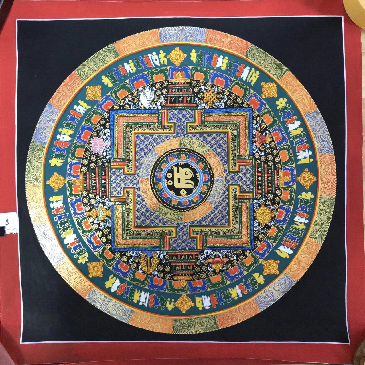 TRANH MANDALA KALCHAKRA VÀ OM MANI PEDME HUM VẼ TAY NEPAL 100% - 50x50cm