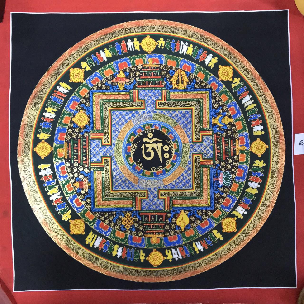 TRANH MANDALA KALCHAKRA VÀ OM MANI PEDME HUM VẼ TAY NEPAL 100% - 50x50cm