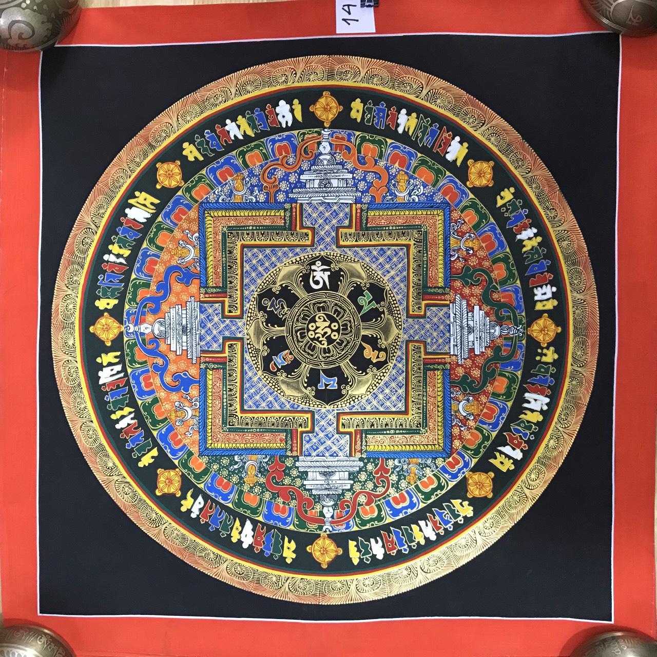 TRANH MANDALA KALCHAKRA VÀ OM MANI PEDME HUM VẼ TAY NEPAL 100% - 50x50cm