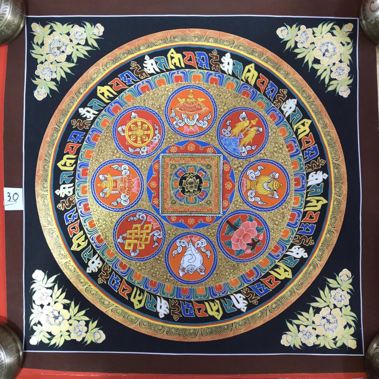 TRANH MANDALA KALCHAKRA VÀ OM MANI PEDME HUM VẼ TAY NEPAL 100% - 50x50cm