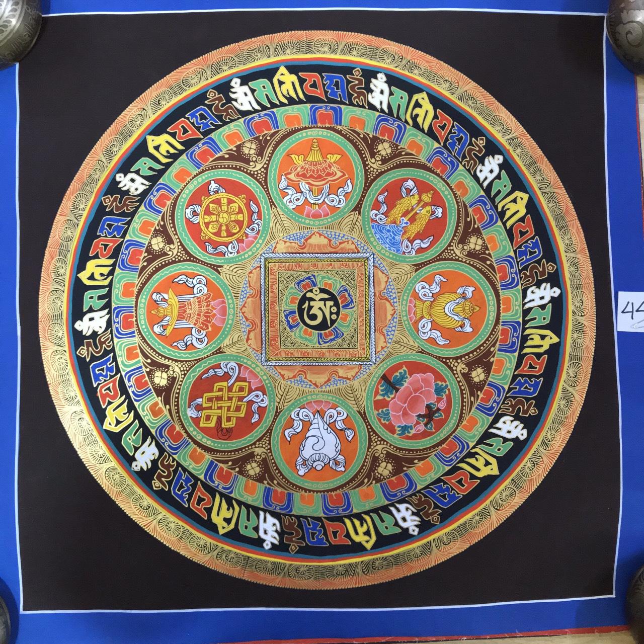 TRANH MANDALA KALCHAKRA VÀ OM MANI PEDME HUM VẼ TAY NEPAL 100% - 50x50cm