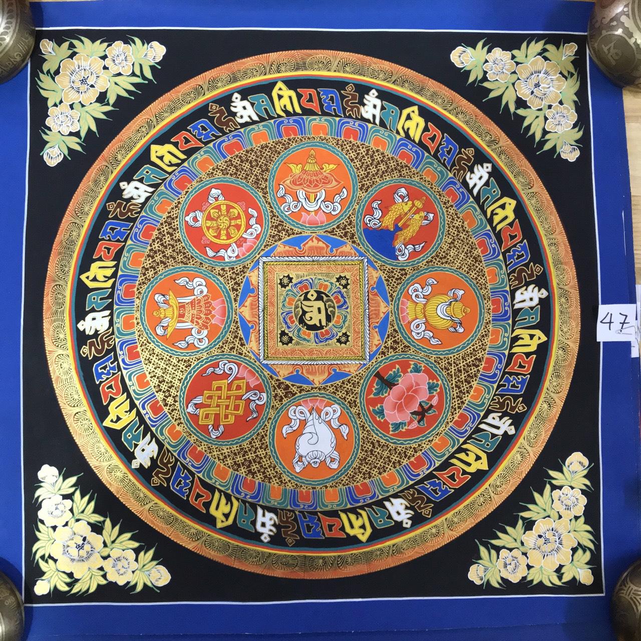 TRANH MANDALA KALCHAKRA VÀ OM MANI PEDME HUM VẼ TAY NEPAL 100% - 50x50cm