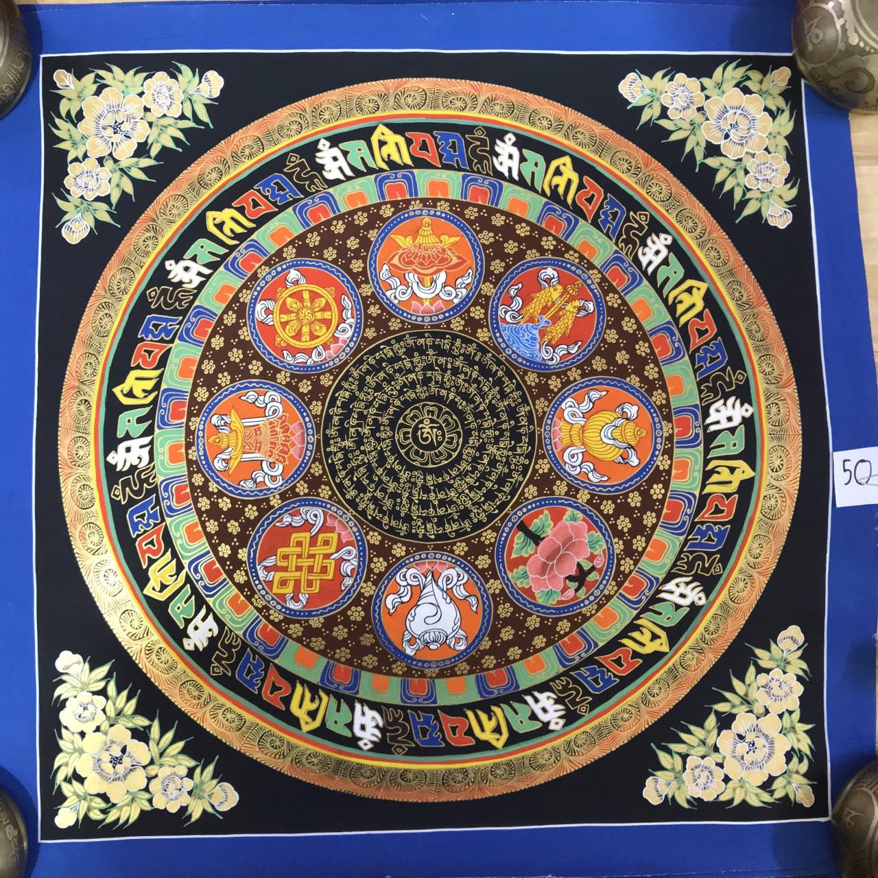 TRANH MANDALA KALCHAKRA VÀ OM MANI PEDME HUM VẼ TAY NEPAL 100% - 50x50cm