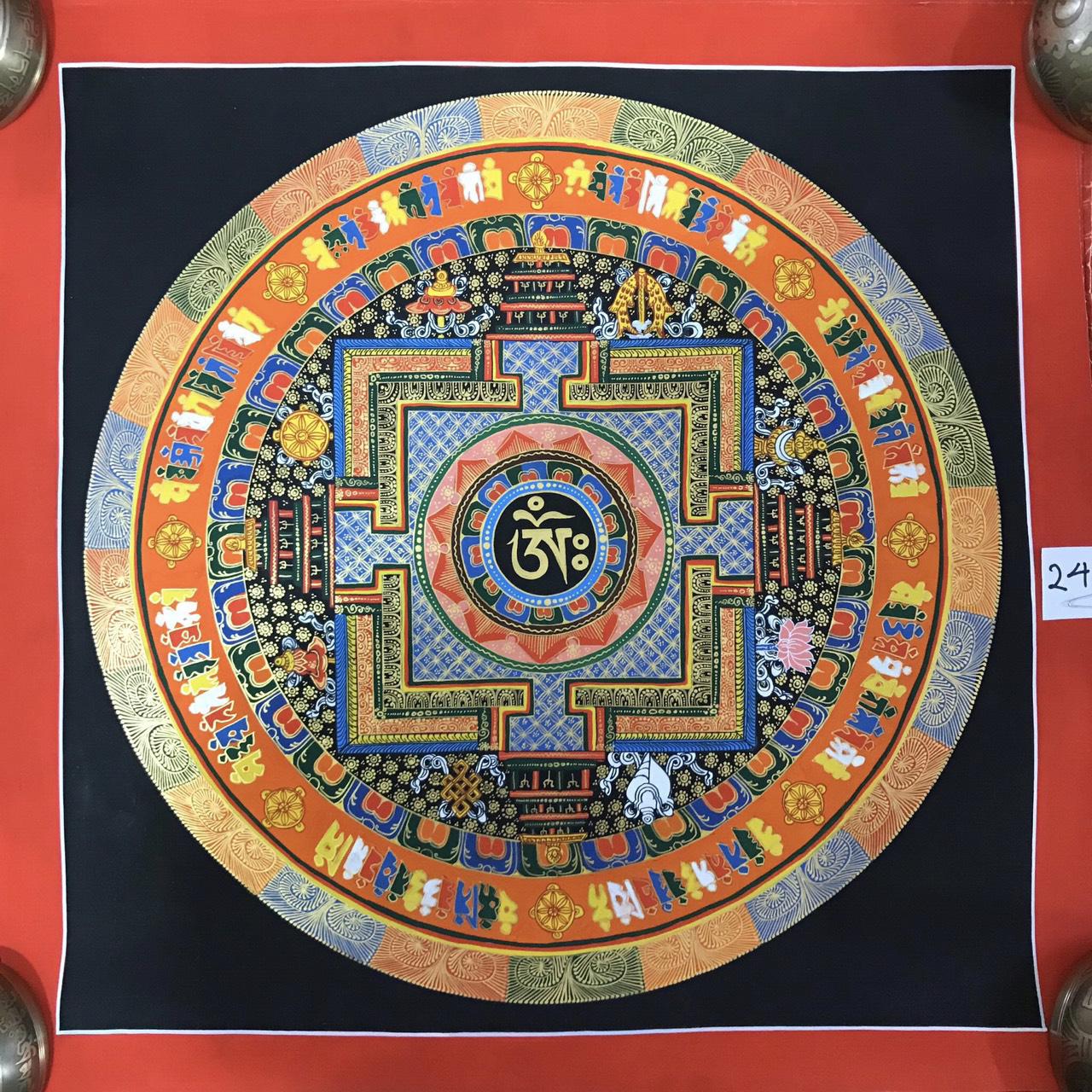 TRANH MANDALA KALCHAKRA VÀ OM MANI PEDME HUM VẼ TAY NEPAL 100% - 50x50cm