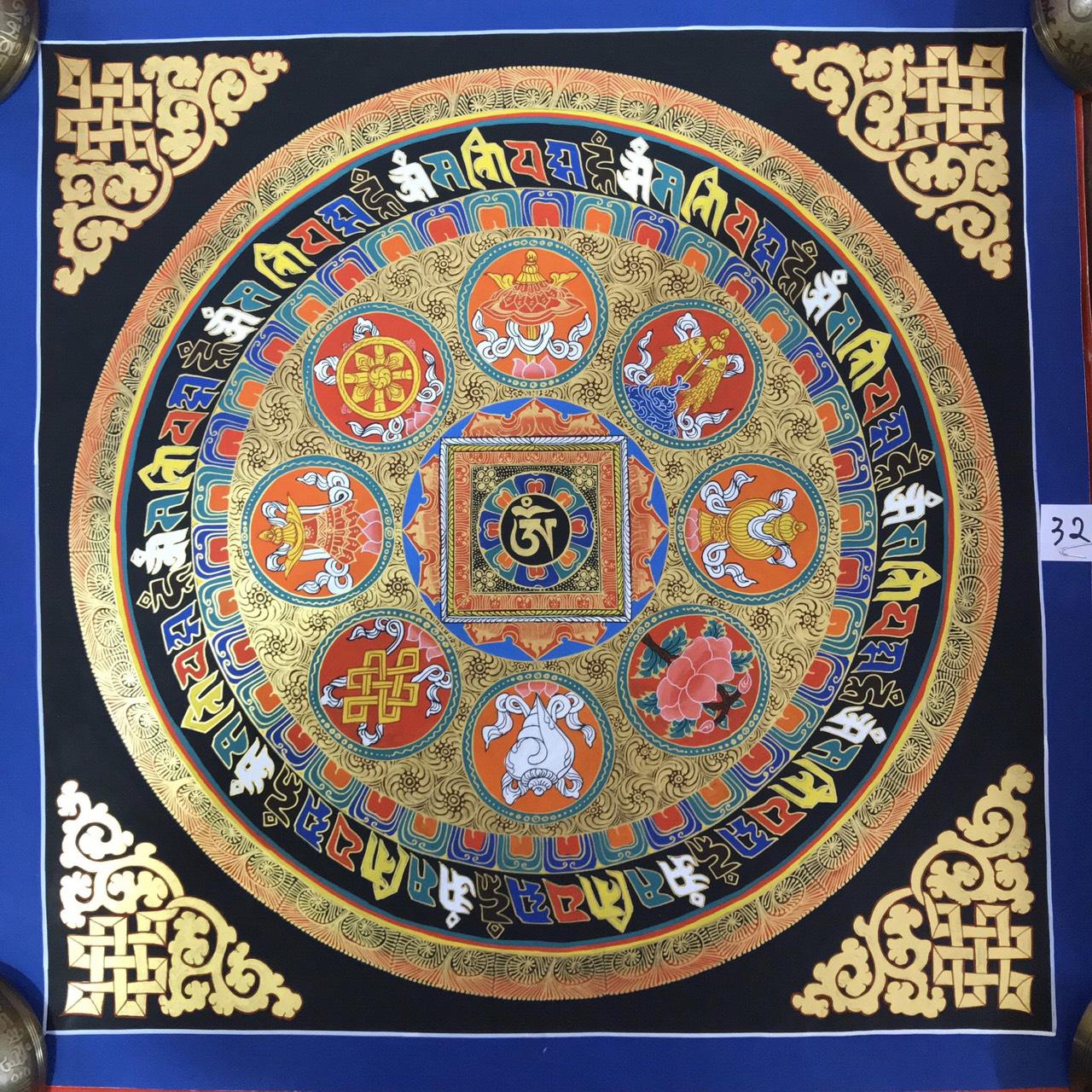 TRANH MANDALA KALCHAKRA VÀ OM MANI PEDME HUM VẼ TAY NEPAL 100% - 50x50cm