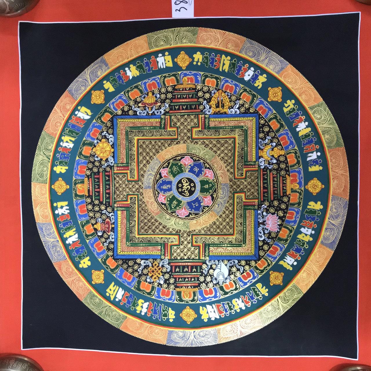 TRANH MANDALA KALCHAKRA VÀ OM MANI PEDME HUM VẼ TAY NEPAL 100% - 50x50cm