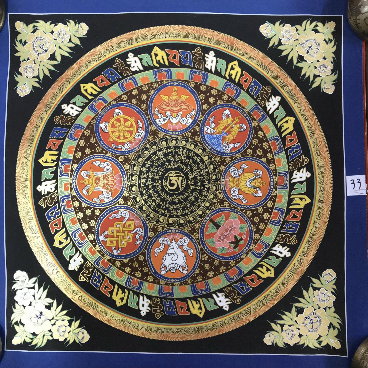 TRANH MANDALA KALCHAKRA VÀ OM MANI PEDME HUM VẼ TAY NEPAL 100% - 50x50cm