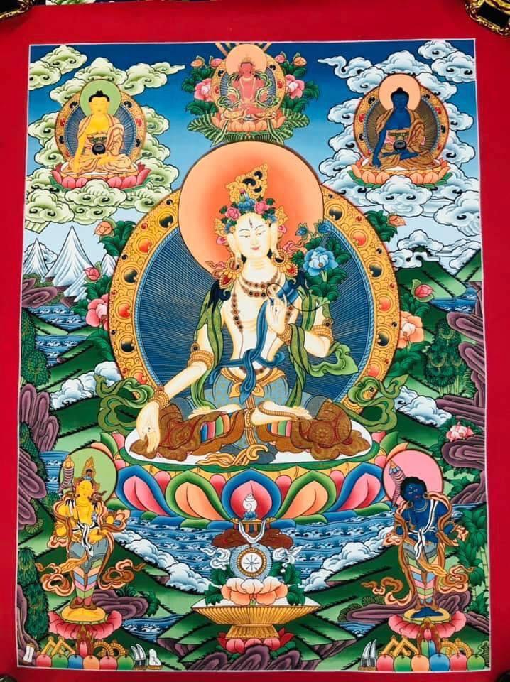 TRANH THANGKA ĐỨC TARA TRẮNG VẼ TAY NEPAL 100% - 45x60cm  