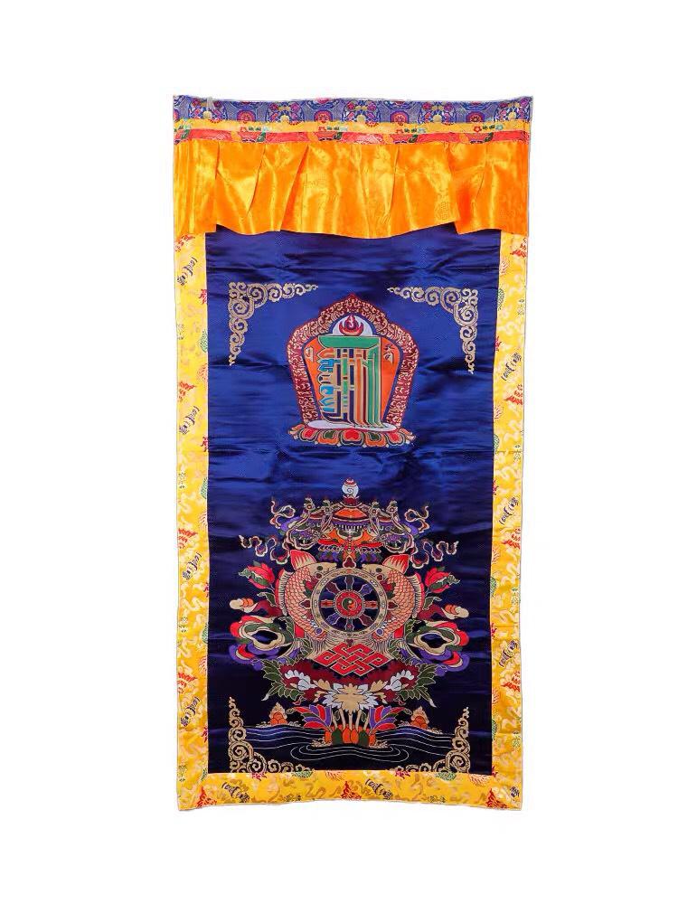 RÈM CỬA PHÒNG THỜ BIỂU TƯỢNG KALACHAKRA VÀ BÁT CÁT TƯỜNG HỢP NHẤT - (180 x 90cm/ 185x95cm)