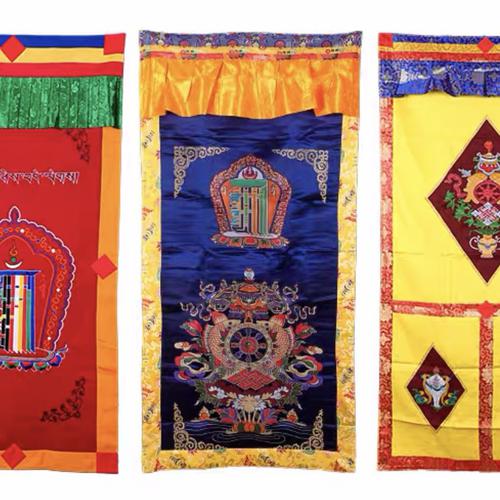RÈM CỬA PHÒNG THỜ BIỂU TƯỢNG KALACHAKRA VÀ BÁT CÁT TƯỜNG HỢP NHẤT - (180 x 90cm/ 185x95cm)