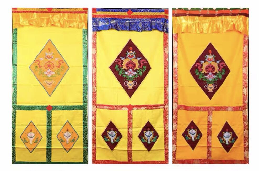 RÈM CỬA PHÒNG THỜ BIỂU TƯỢNG KALACHAKRA VÀ BÁT CÁT TƯỜNG HỢP NHẤT - (180 x 90cm/ 185x95cm)