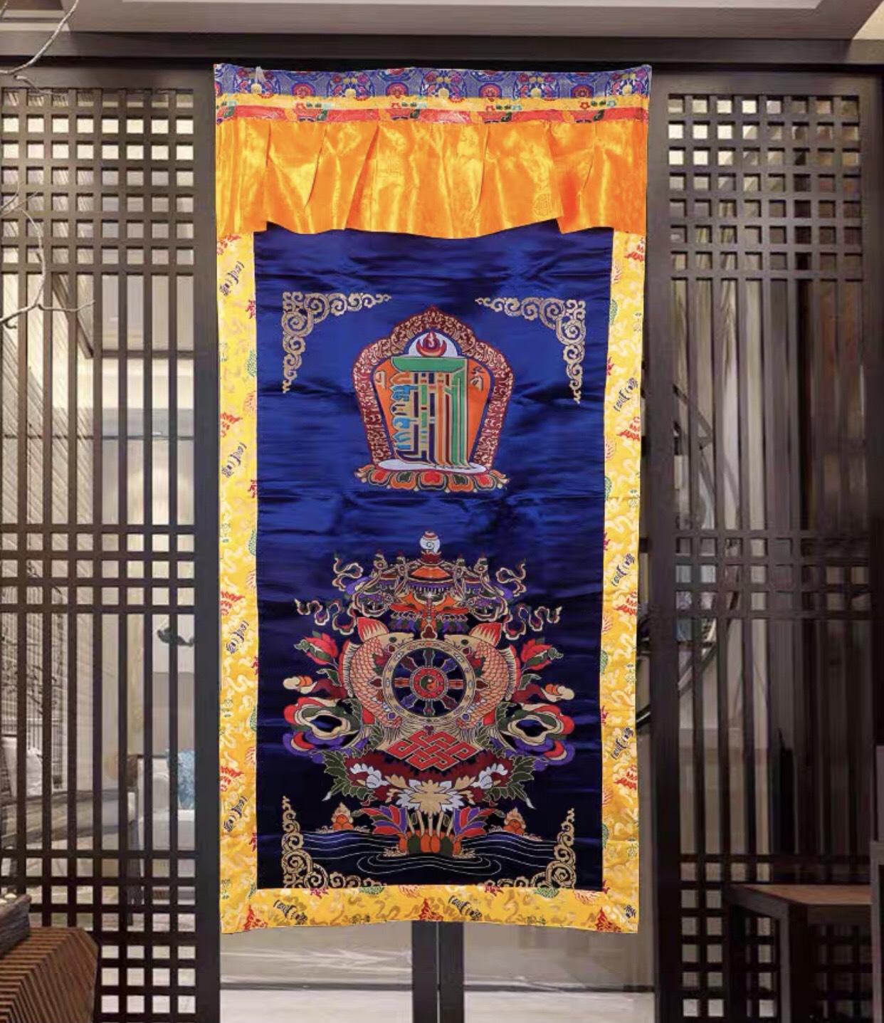 RÈM CỬA PHÒNG THỜ BIỂU TƯỢNG KALACHAKRA VÀ BÁT CÁT TƯỜNG HỢP NHẤT - (180 x 90cm/ 185x95cm)