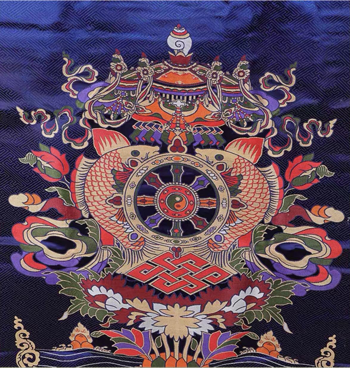 RÈM CỬA PHÒNG THỜ BIỂU TƯỢNG KALACHAKRA VÀ BÁT CÁT TƯỜNG HỢP NHẤT - (180 x 90cm/ 185x95cm)