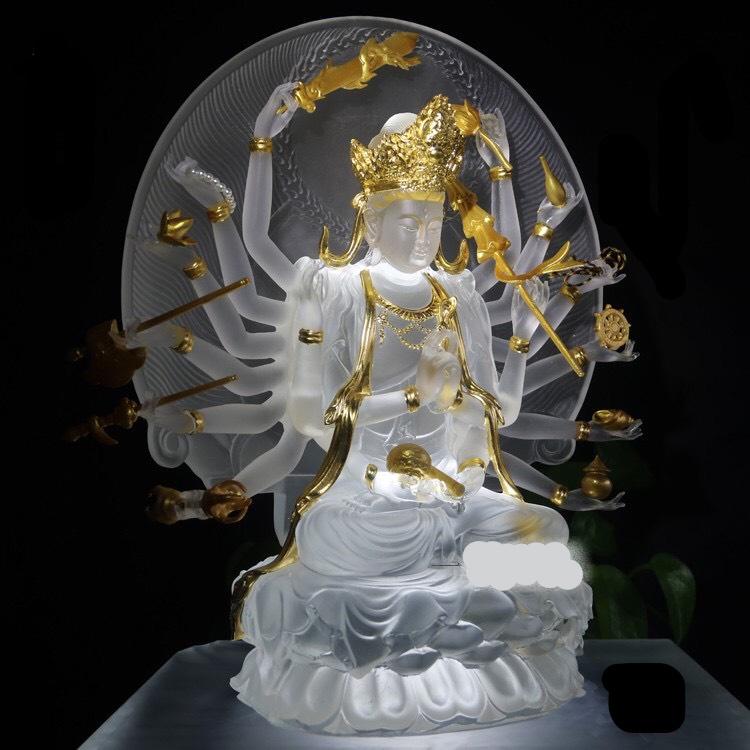 TÔN TƯỢNG ĐỨC CHUẨN ĐỀ PHẬT MẪU LƯU LY THẾP VÀNG 24K 32CM
