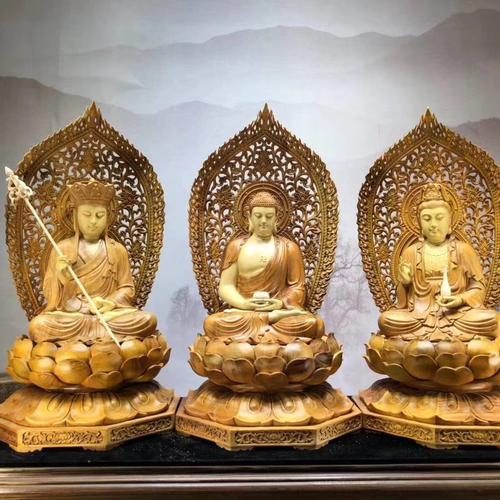 BỘ TƯỢNG TA BÀ TAM THÁNH GỖ LONG NÃO 83CM
