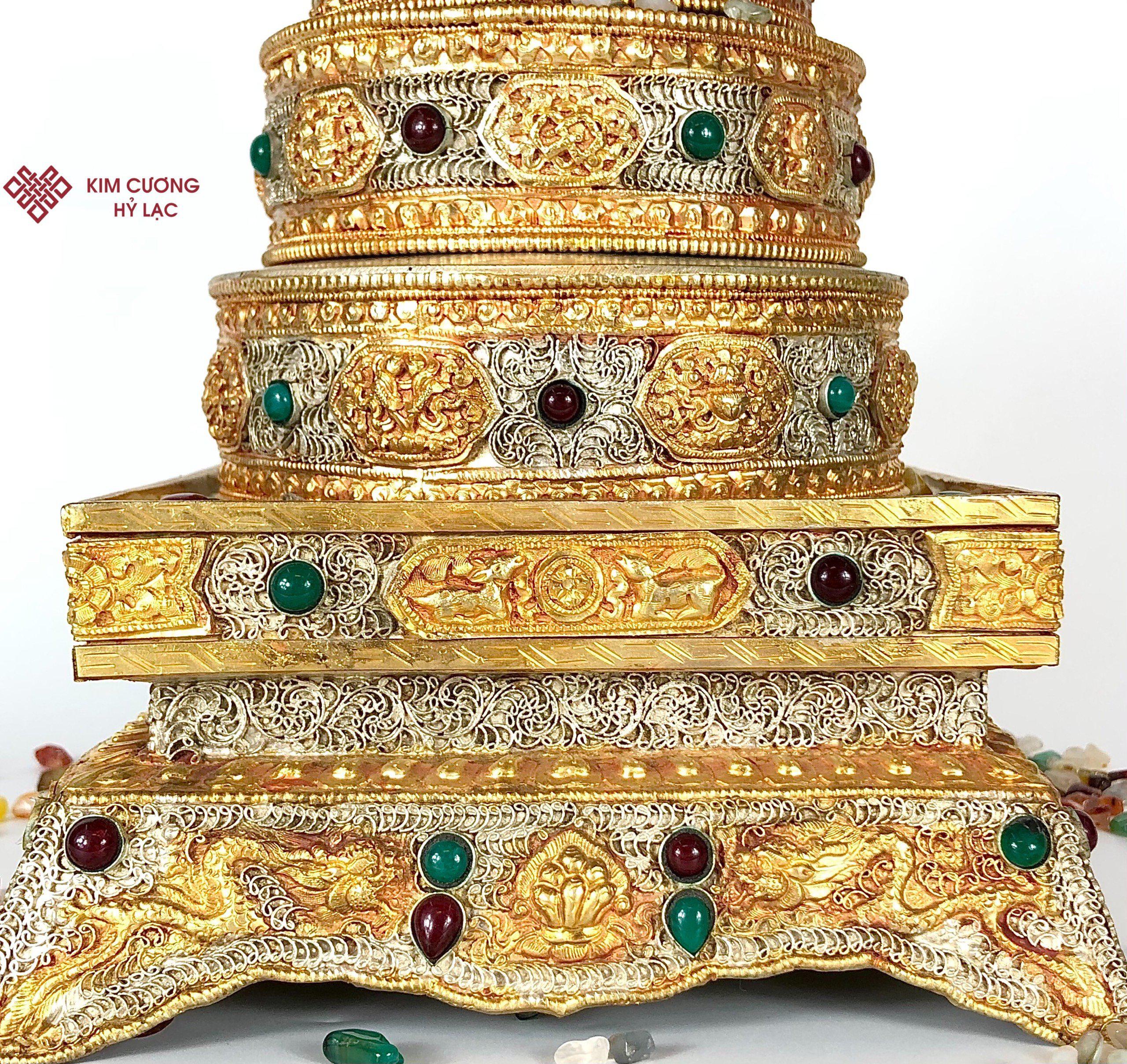 THÁP MANDALA ĐỒNG MẠ VÀNG BẠC CẨN ĐÁ NEPAL 30CM