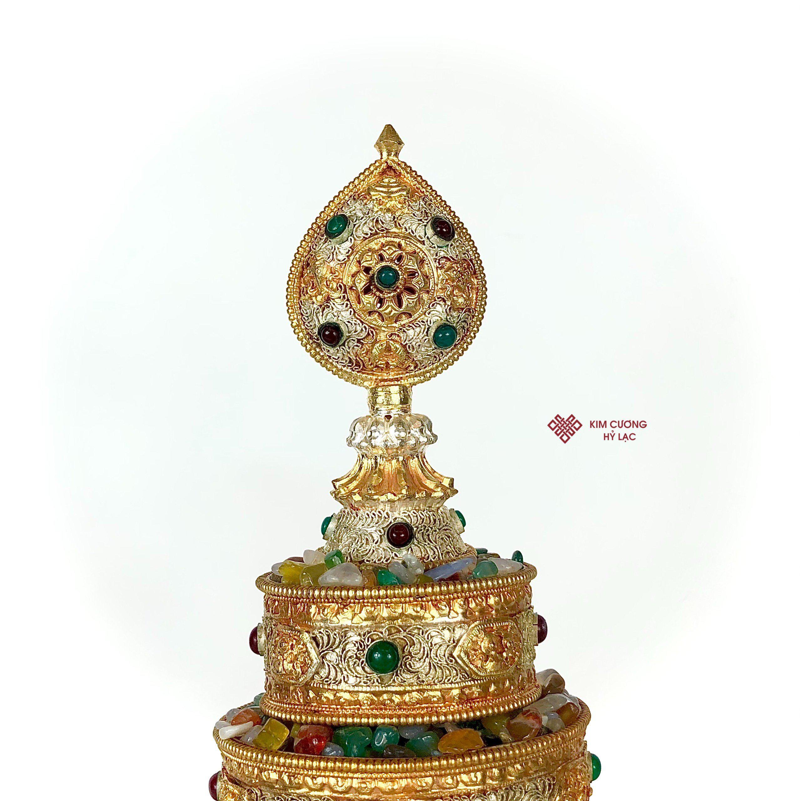 THÁP MANDALA ĐỒNG MẠ VÀNG BẠC CẨN ĐÁ NEPAL 30CM