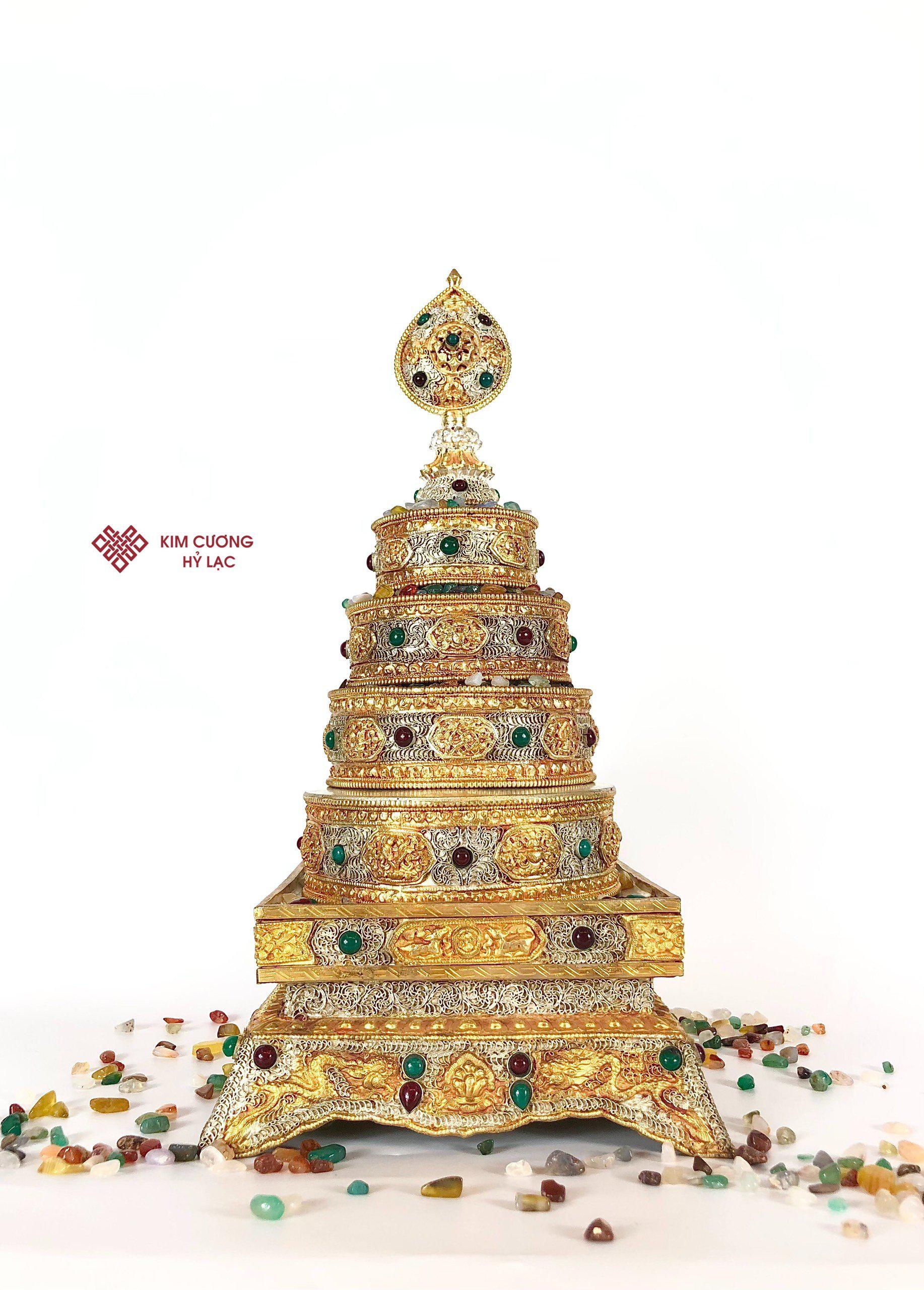 THÁP MANDALA ĐỒNG MẠ VÀNG BẠC CẨN ĐÁ NEPAL 30CM