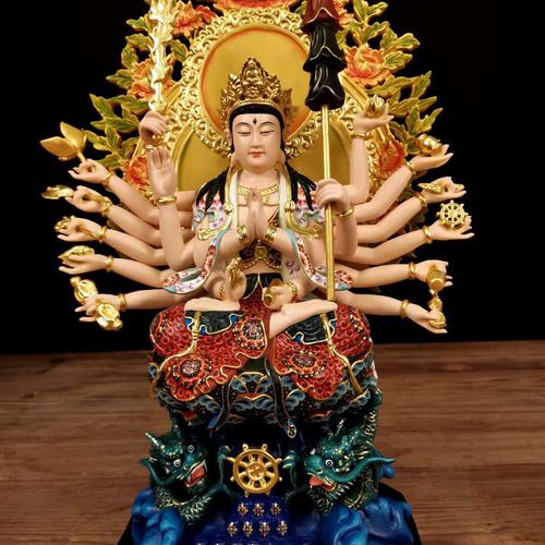 TÔN TƯỢNG ĐỨC CHUẨN ĐỀ PHẬT MẪU GỖ VẼ LỤA THẾP VÀNG 24K