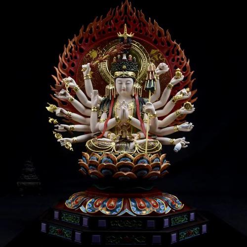 TÔN TƯỢNG ĐỨC CHUẨN ĐỀ PHẬT MẪU GỖ VẼ LỤA THẾP VÀNG 24K