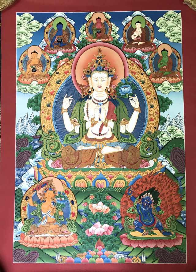 TRANH THANGKA ĐỨC QUAN ÂM TỨ THỦ VẼ TAY NEPAL 100% - 60x90cm  