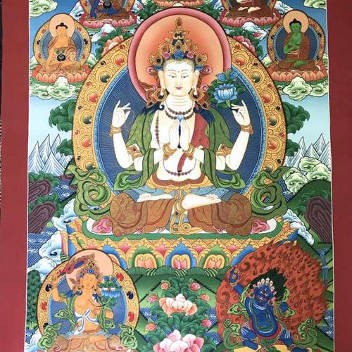 TRANH THANGKA ĐỨC QUAN ÂM TỨ THỦ VẼ TAY NEPAL 100% - 60x90cm