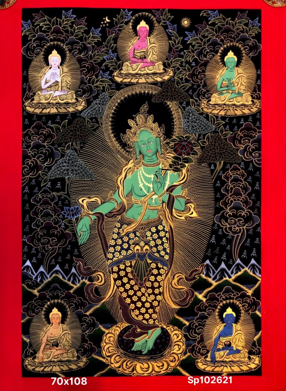 THANGKA VẼ TAY NEPAL ĐỨC TARA XANH