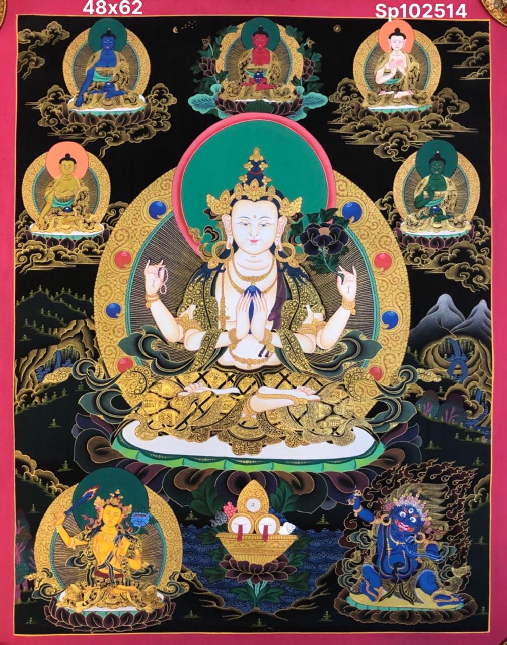  THANGKA VẼ TAY NEPAL ĐỨC QUAN ÂM TỨ THỦ 