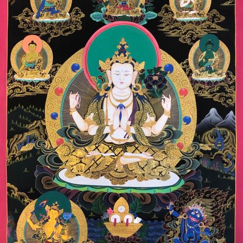  THANGKA VẼ TAY NEPAL ĐỨC QUAN ÂM TỨ THỦ 