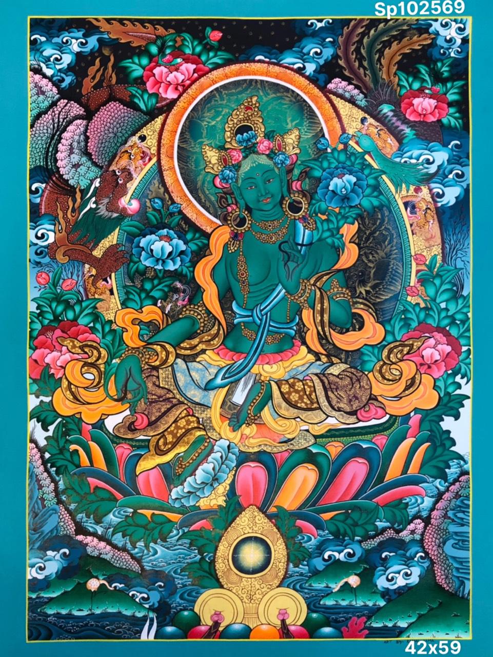 THANGKA VẼ TAY NEPAL LỤC ĐỘ MẪU - GREEN TARA - TARA XANH