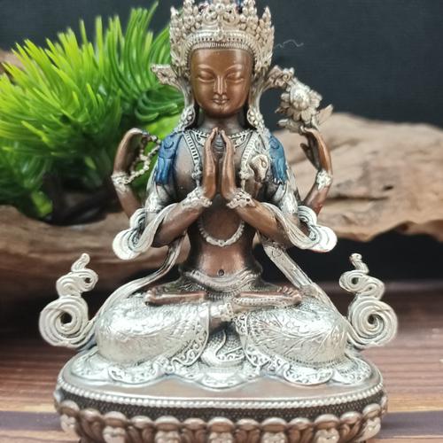 TÔN TƯỢNG NGÀI QUAN ÂM TỨ THỬ -ĐỒNG NẠM BẠC 9CM