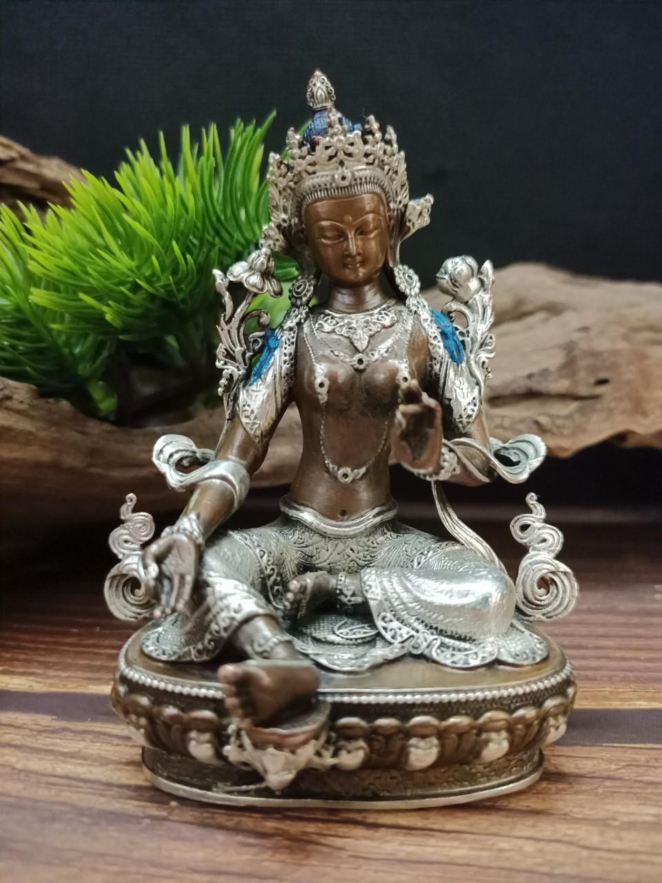 TÔN TƯỢNG NGÀI TARA XANH-ĐỒNG NẠM BẠC 9CM