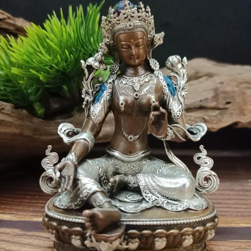 TÔN TƯỢNG NGÀI TARA XANH-ĐỒNG NẠM BẠC 9CM