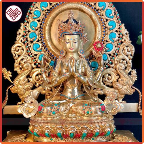 Tôn Tượng Quan Âm Tứ Thủ Nepal Cẩn Đá 33CM 