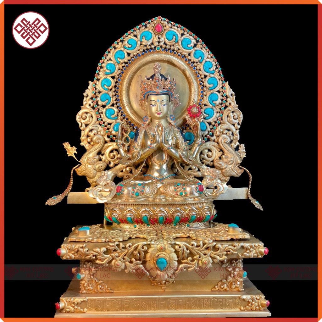 Tôn Tượng Quan Âm Tứ Thủ Nepal Cẩn Đá 33CM 