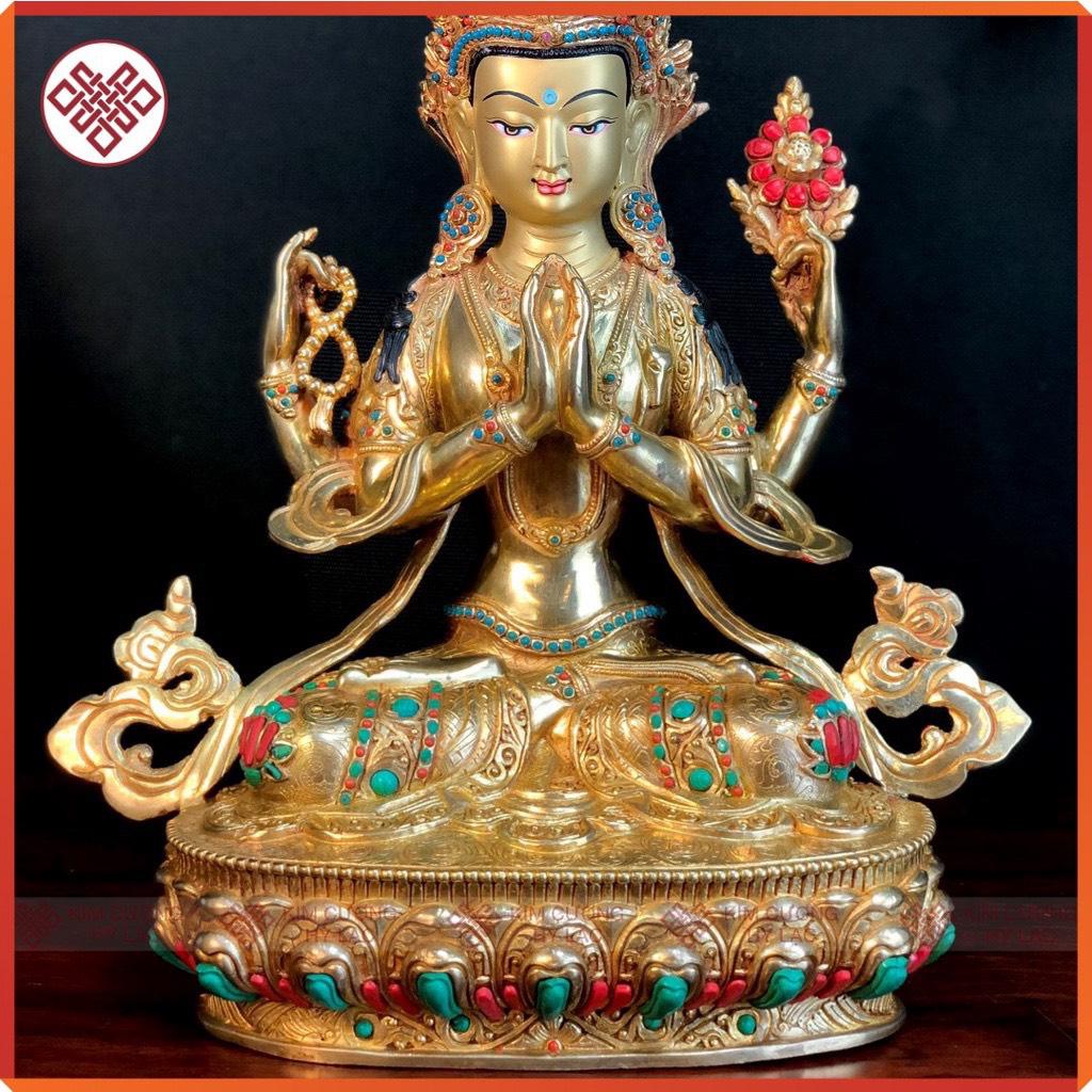 Tôn Tượng Quan Âm Tứ Thủ Nepal Cẩn Đá 33CM 