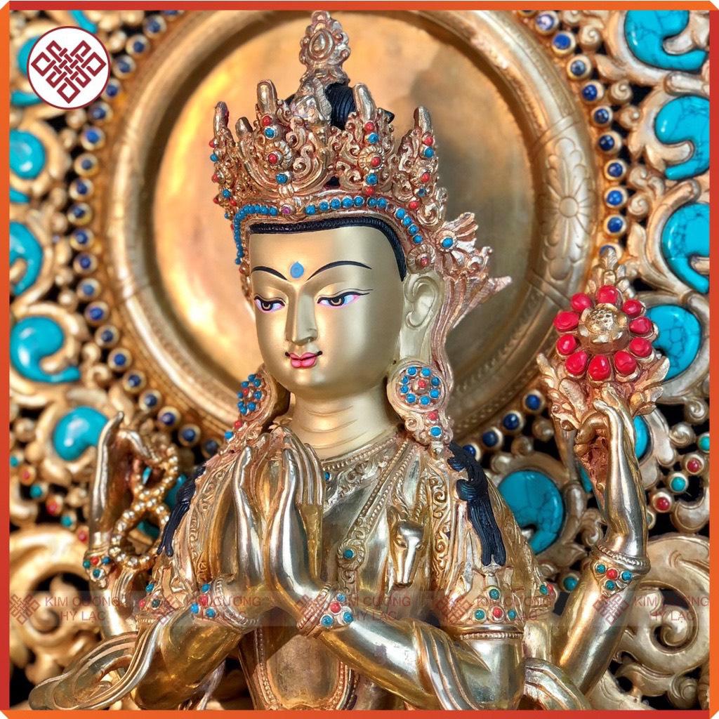 Tôn Tượng Quan Âm Tứ Thủ Nepal Cẩn Đá 33CM 