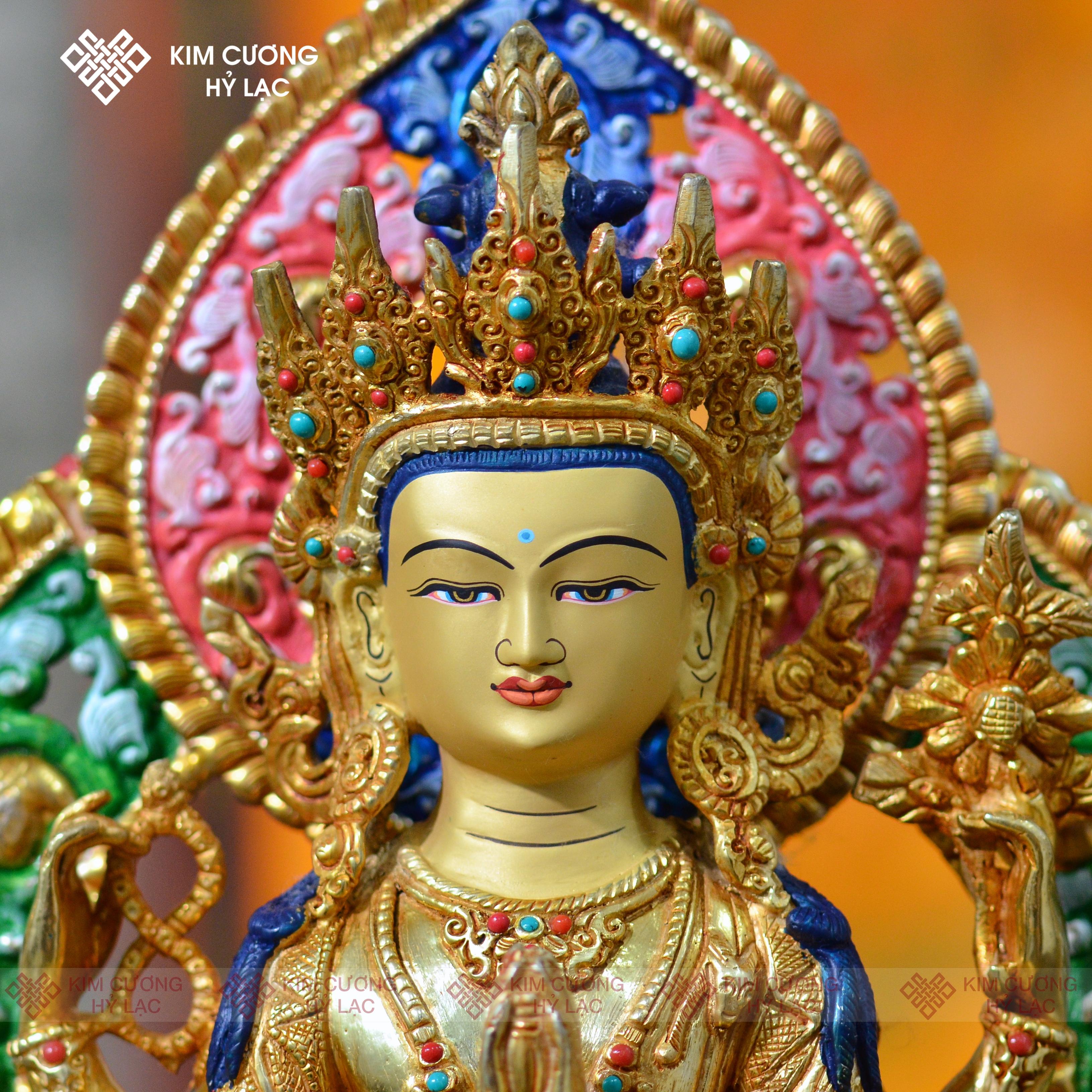 Tôn Tượng Quan Âm Tứ Thủ Nepal đồng mạ vàng hào quang 36cm
