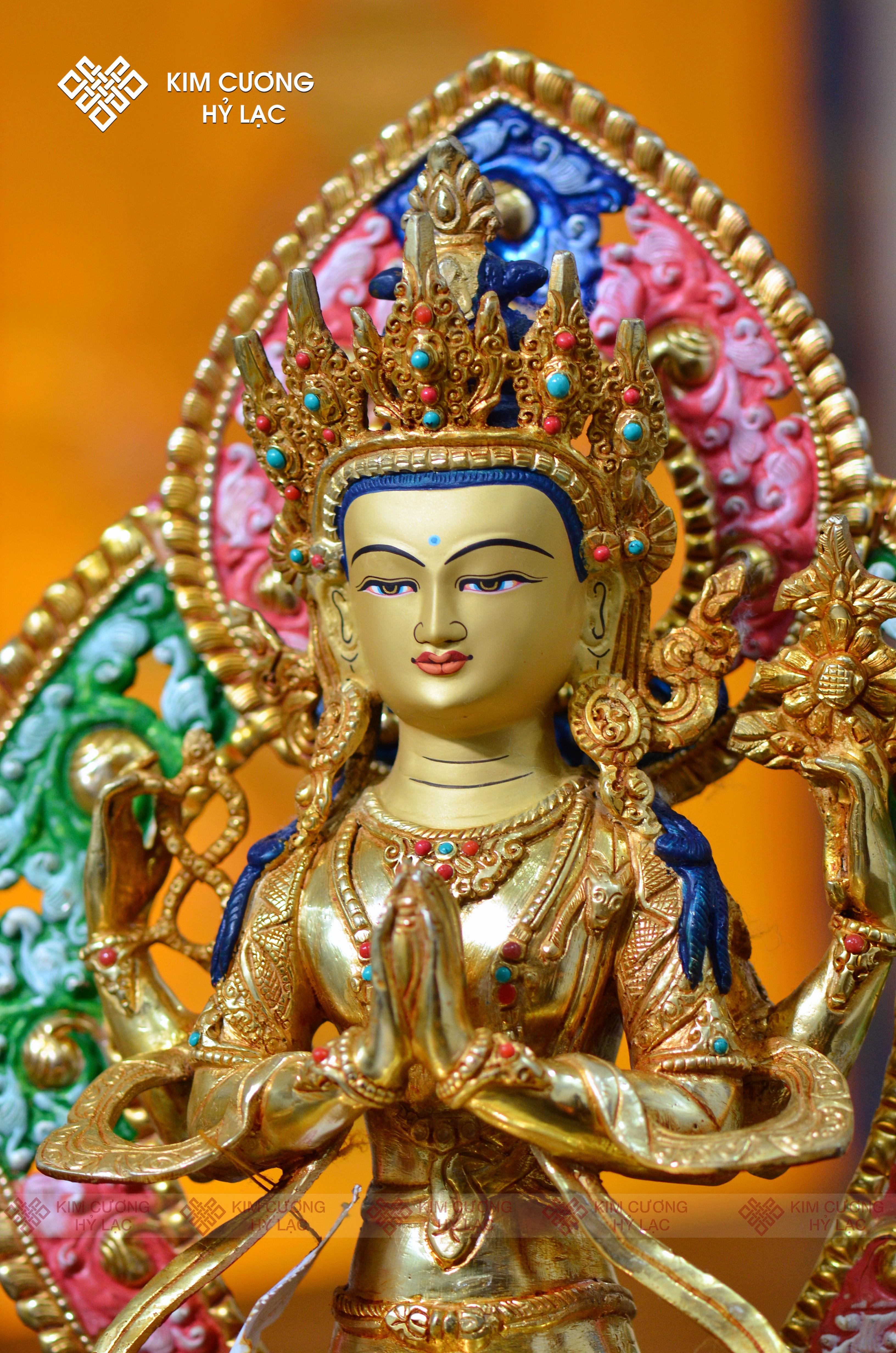 Tôn Tượng Quan Âm Tứ Thủ Nepal đồng mạ vàng hào quang 36cm