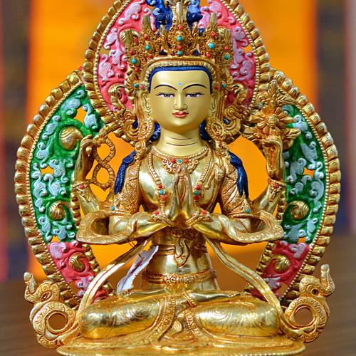 Tôn Tượng Quan Âm Tứ Thủ Nepal đồng mạ vàng hào quang 36cm