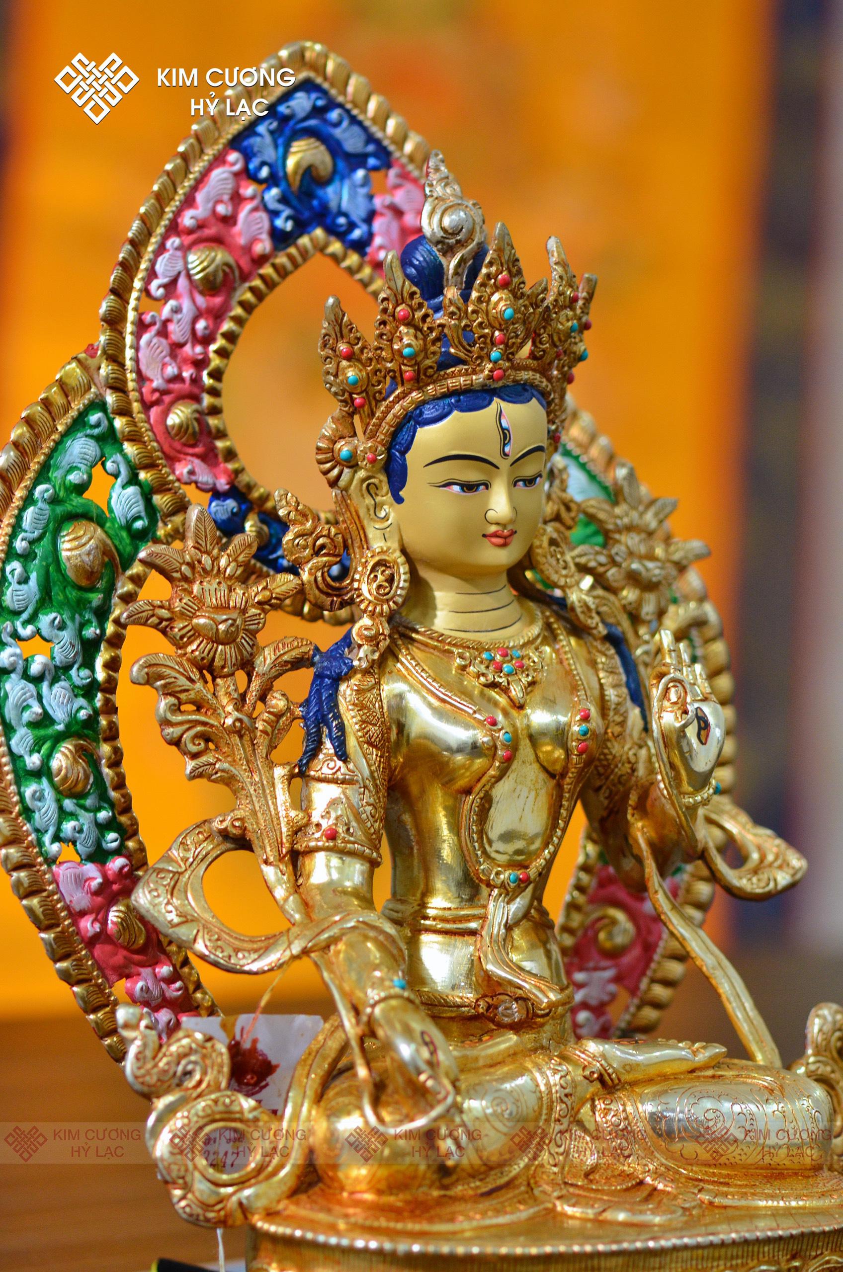 Tôn Tượng Tara Trắng Nepal đồng mạ vàng hào quang 36cm