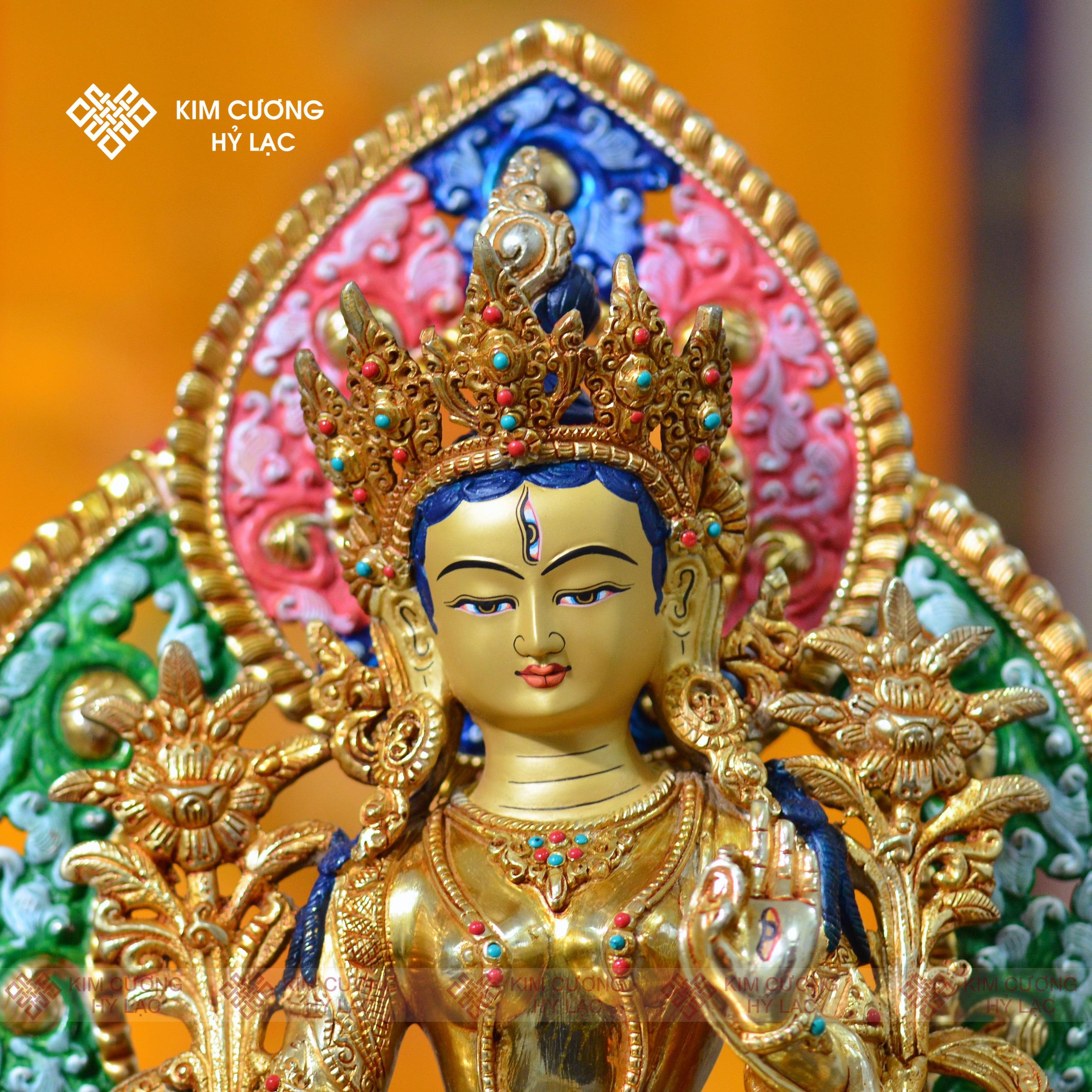 Tôn Tượng Tara Trắng Nepal đồng mạ vàng hào quang 36cm