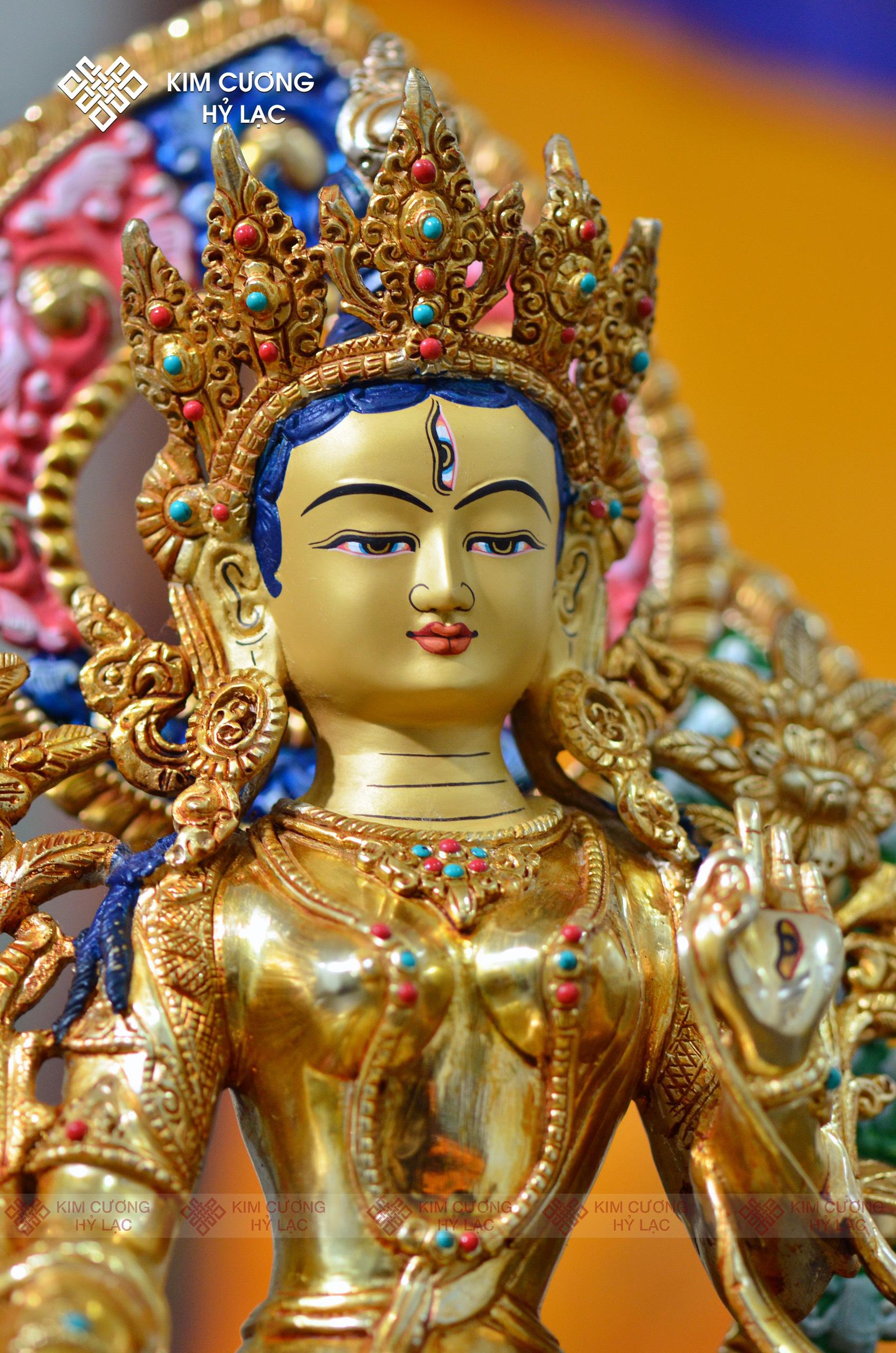 Tôn Tượng Tara Trắng Nepal đồng mạ vàng hào quang 36cm