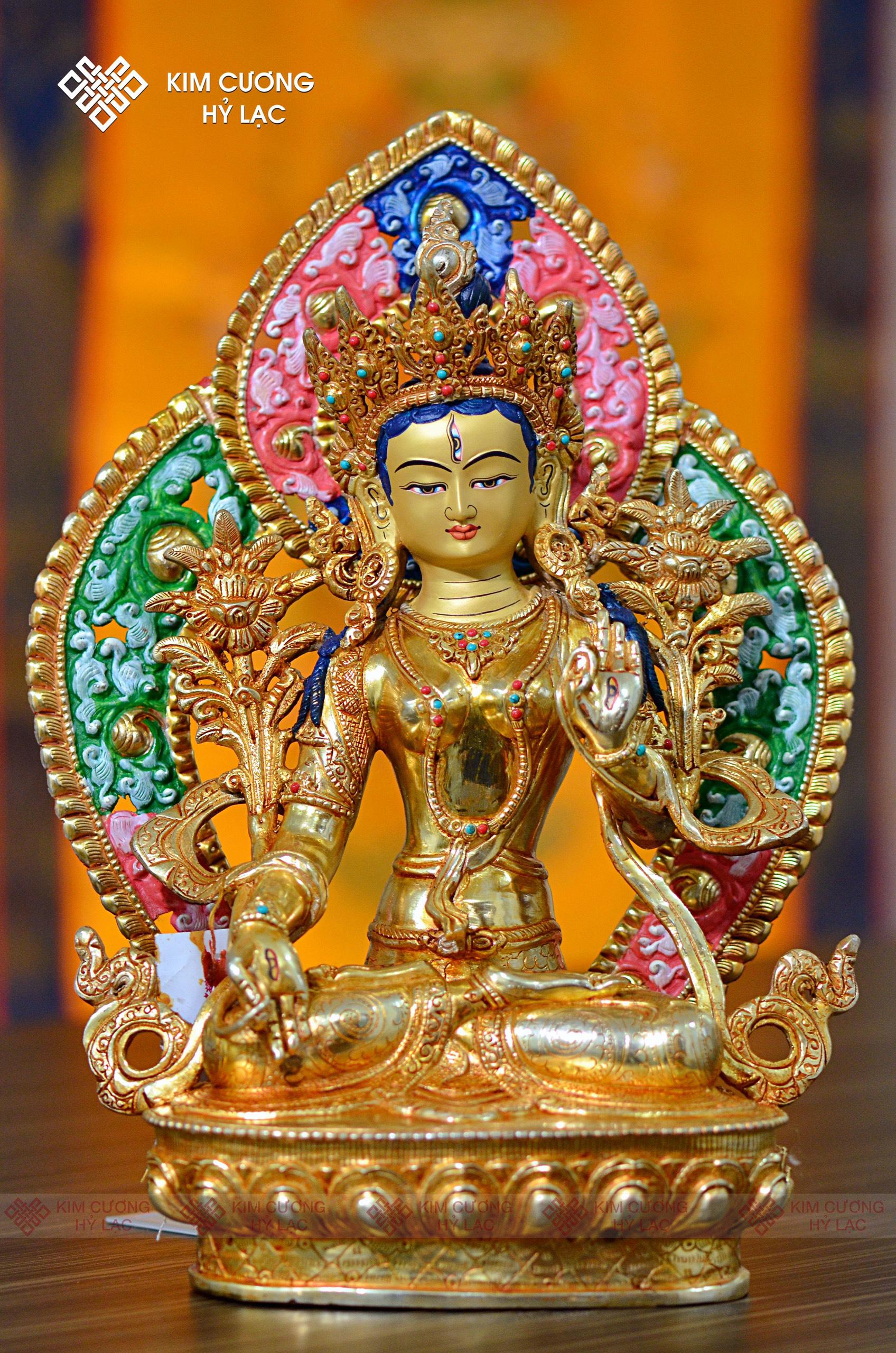 Tôn Tượng Tara Trắng Nepal đồng mạ vàng hào quang 36cm
