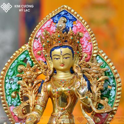 Tôn Tượng Tara Trắng Nepal đồng mạ vàng hào quang 36cm