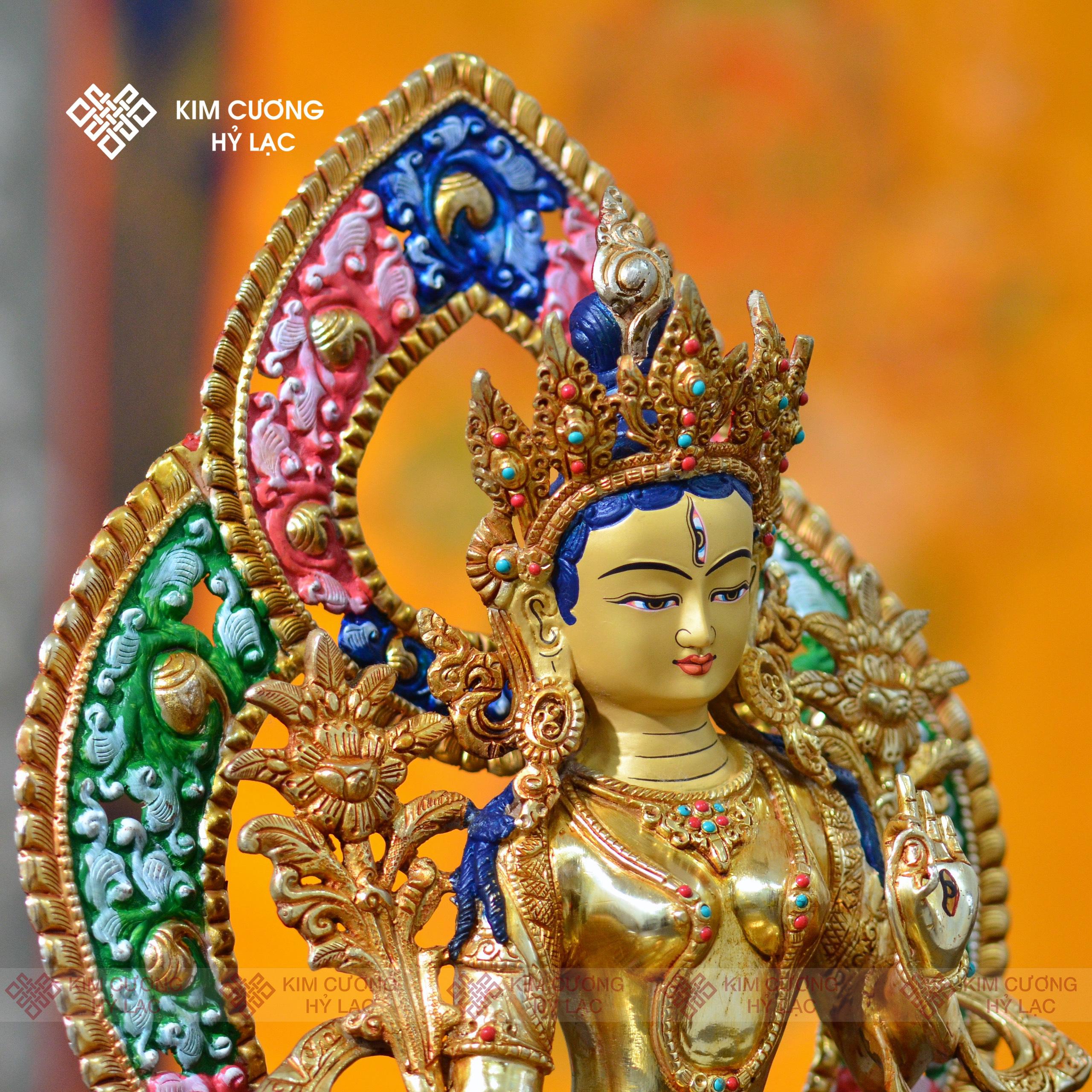 Tôn Tượng Tara Trắng Nepal đồng mạ vàng hào quang 36cm