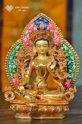 Tôn tượng Tara Xanh Nepal đồng mạ vàng hào quang 36cm