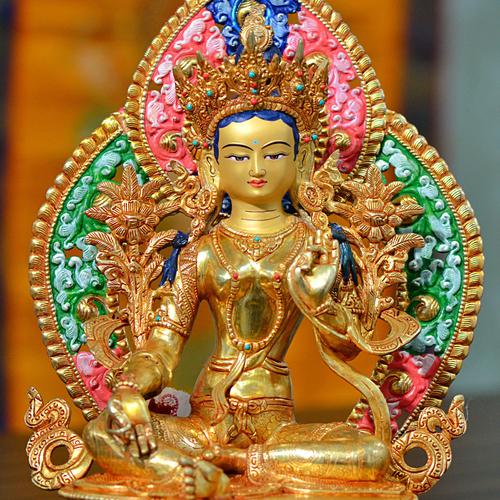 Tôn tượng Tara Xanh Nepal đồng mạ vàng hào quang 36cm